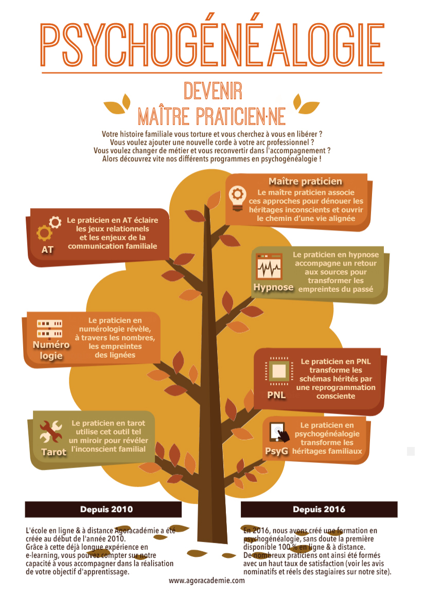 Infographie psychogénéalogie : présentation de la formation maître praticien·ne